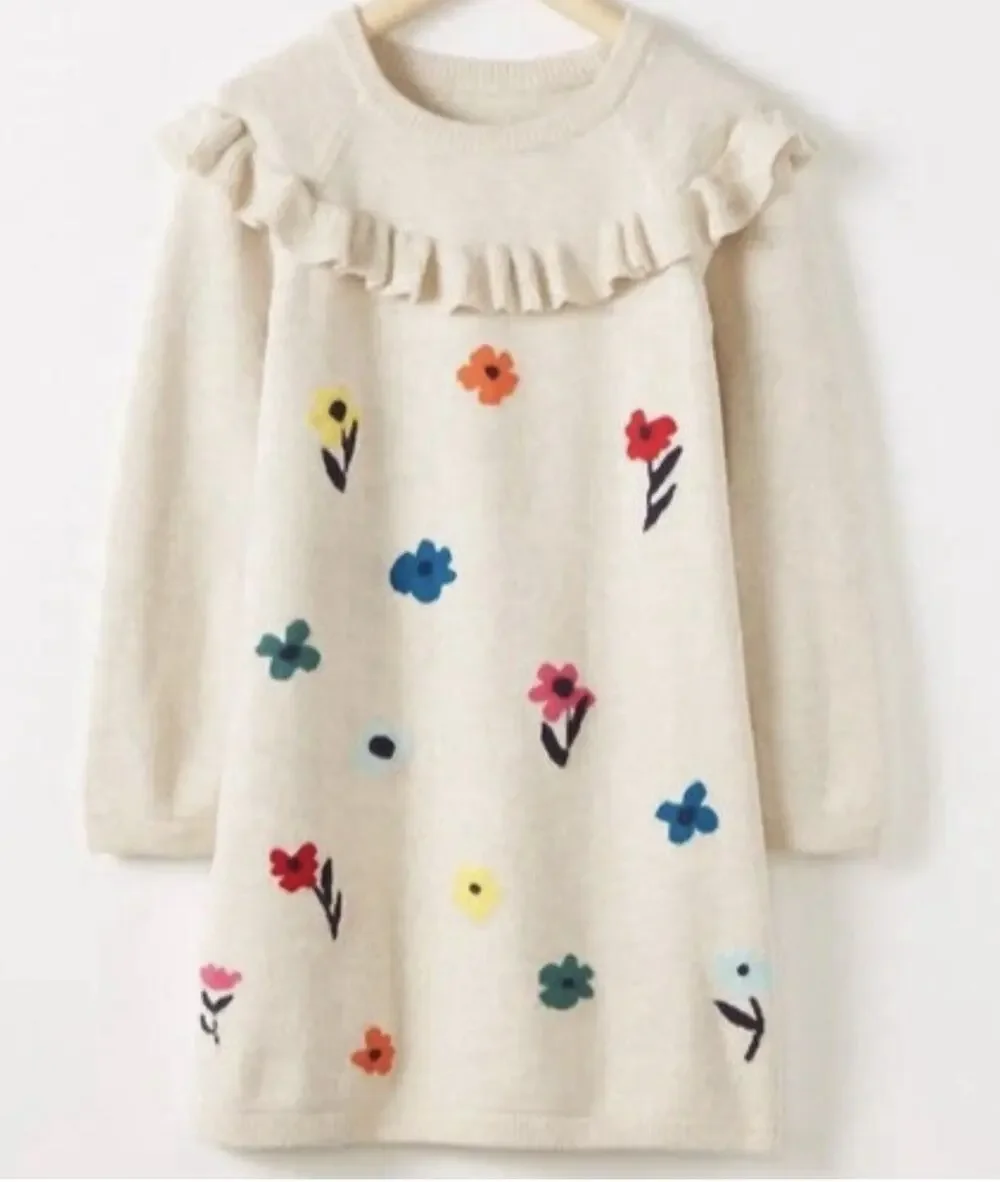 Hanna Andersson 120 Long Sleeve Ruffle Yoke Sweater Dress 6 7 floral cottagecore